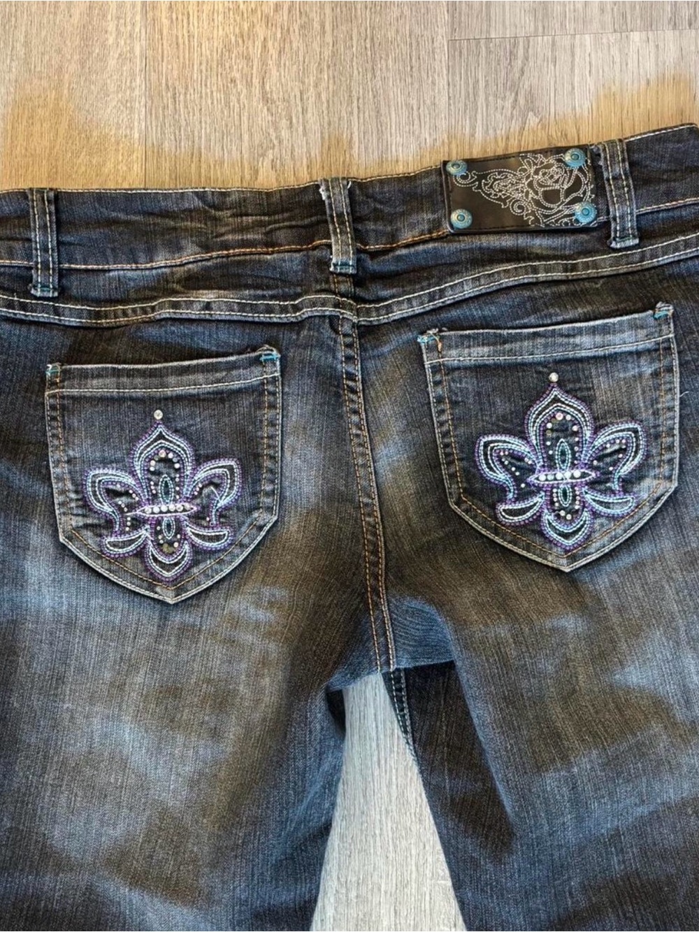y2k Women’s Embroidered Dark Wash Jeans with Purple Accent